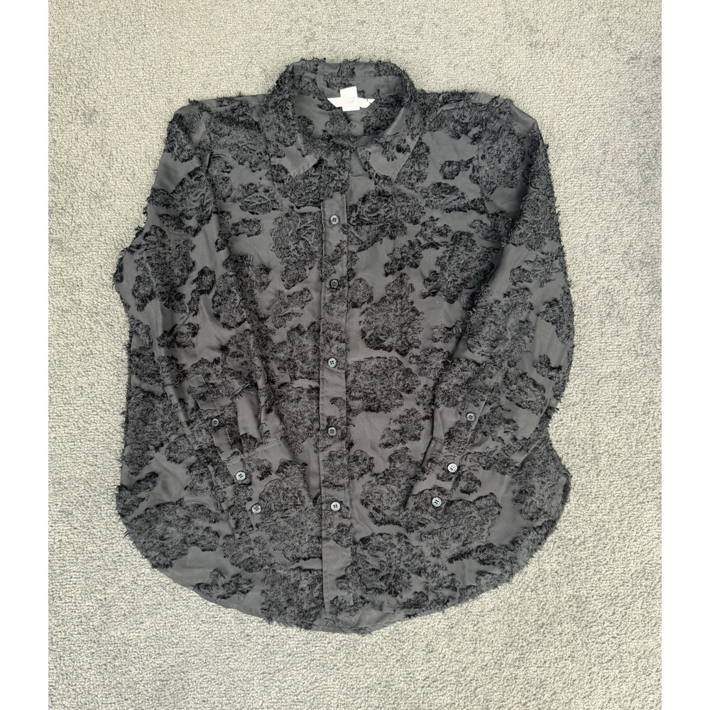 HM Black Textured Eyelash Jacquard Button Down Shirt Blouse Size M Long Sleeve